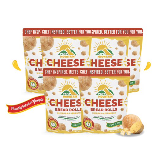 Case of 6 bags of Papa Mountain Cheddar and Parmesan Bread Rolls—perfect for heat-and-eat meals. Clean-label ingredients and nutritional information make these rolls a quick, wholesome snack or side option