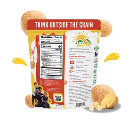 Back of Papa Mountain Cheddar and Parmesan bread rolls featuring detailed information about the brand, clean-label ingredients, and nutritional breakdown to help you make healthier, informed choices.