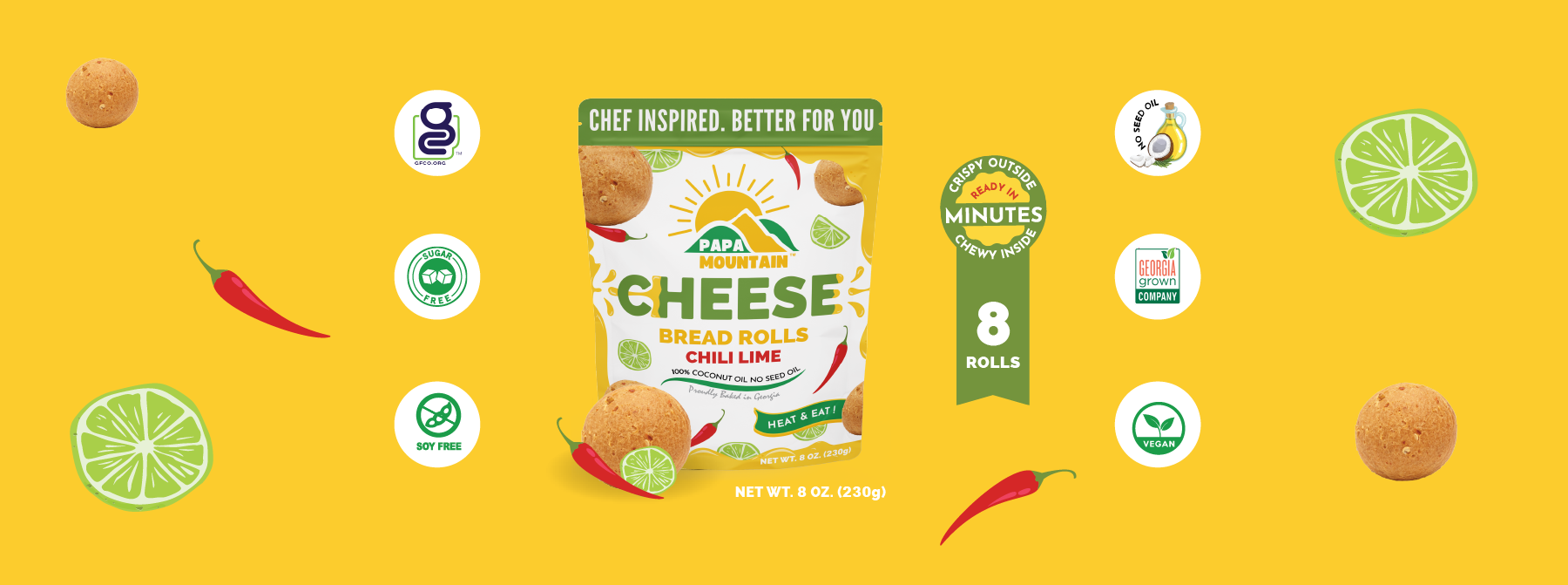 Papa Mountain Chili Lime Bread packaging showcasing: ready in minutes, crispy on the outside, chewy on the inside. Infused with bold chili and lime flavors, made with clean, non-GMO ingredients for quick, flavorful meals or snacks.