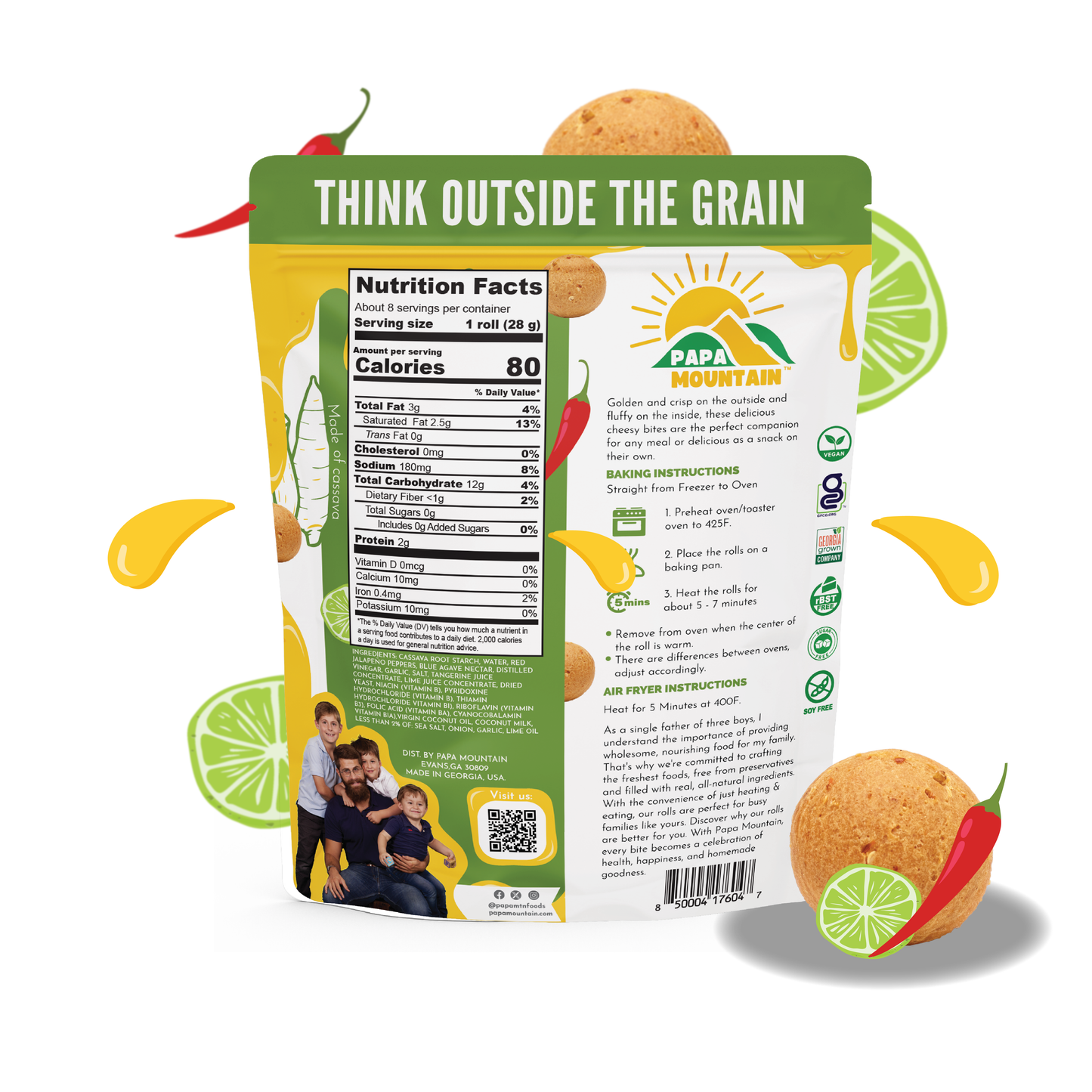 Back of Papa Mountain Chili Lime bread rolls displaying the brand story, clean-label ingredients, nutritional facts, and flavor profile to guide you in making healthier food choices