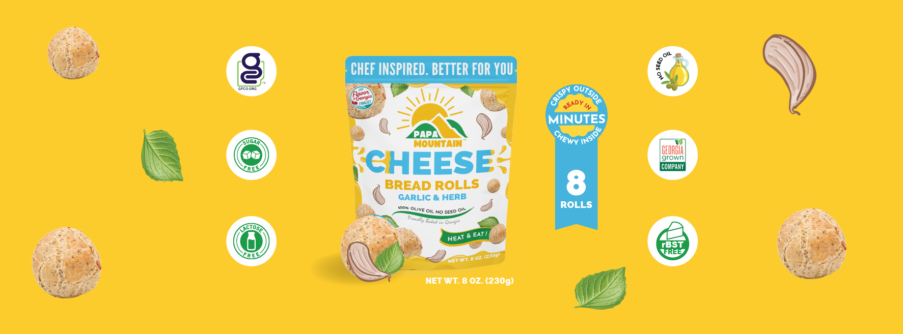 Papa Mountain Garlic & Herb Bread packaging with features: ready in minutes, crispy on the outside, chewy on the inside. Crafted with fresh herbs, simple, non-GMO ingredients for quick and flavorful meals or snacks