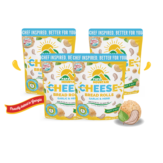 Case of 6 bags of Papa Mountain Garlic and Herb Bread Rolls for heat-and-eat meals. Clean-label ingredients and nutritional breakdown make these a convenient, delicious snack option.