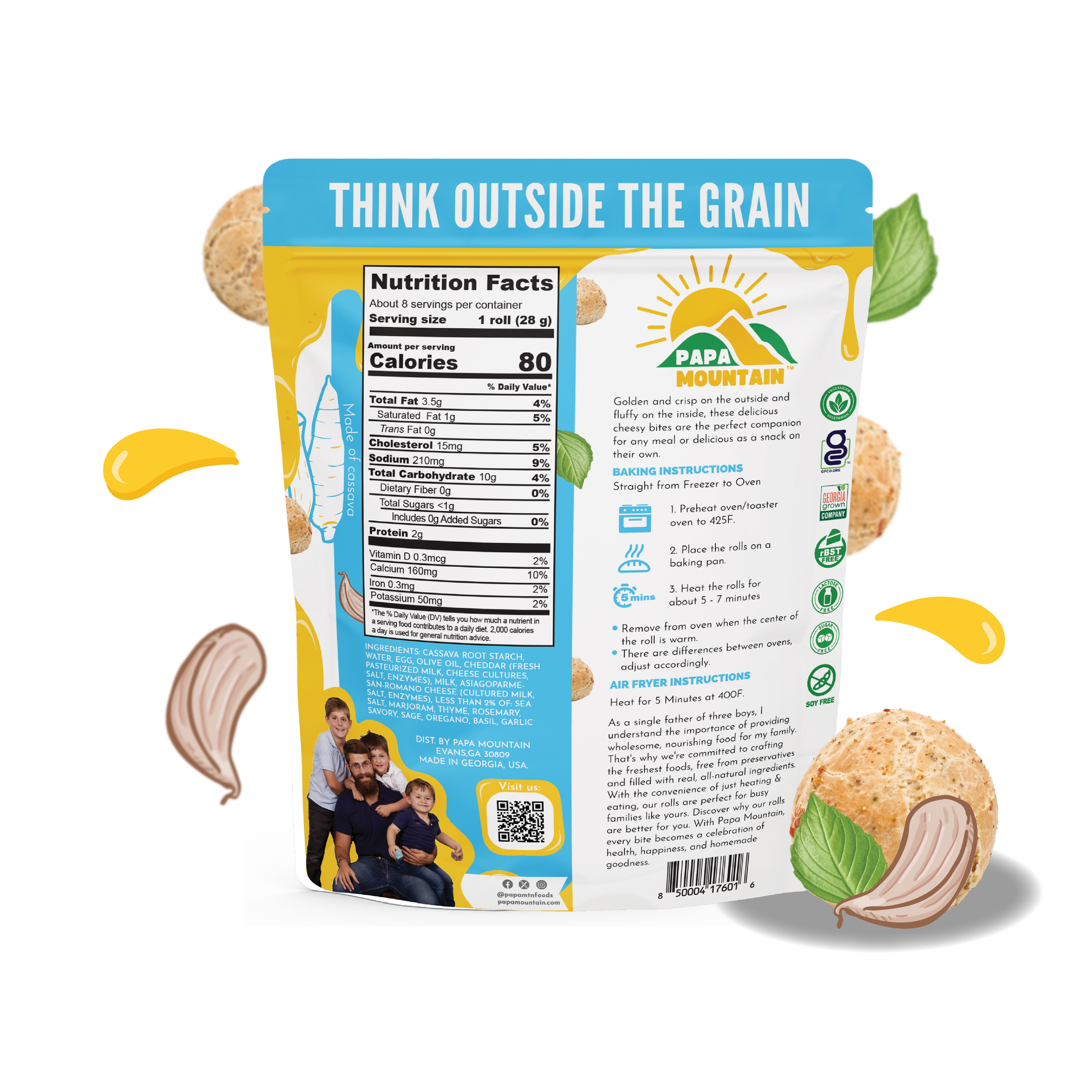 Back of Papa Mountain Garlic and Herb bread rolls showcasing the brand’s clean-label commitment, nutritional information, and ingredient details for a wholesome, convenient snack option.