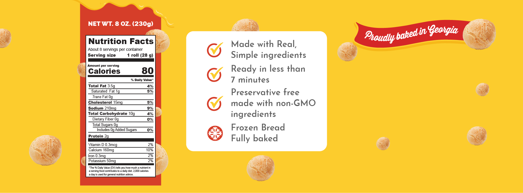 Nutrition facts for Papa Mountain Cheddar & Parmesan Cheese Bread Rolls—frozen, fully baked clean-label rolls made with simple ingredients, preservative-free, and crafted with non-GMO ingredients for quick, wholesome meals.