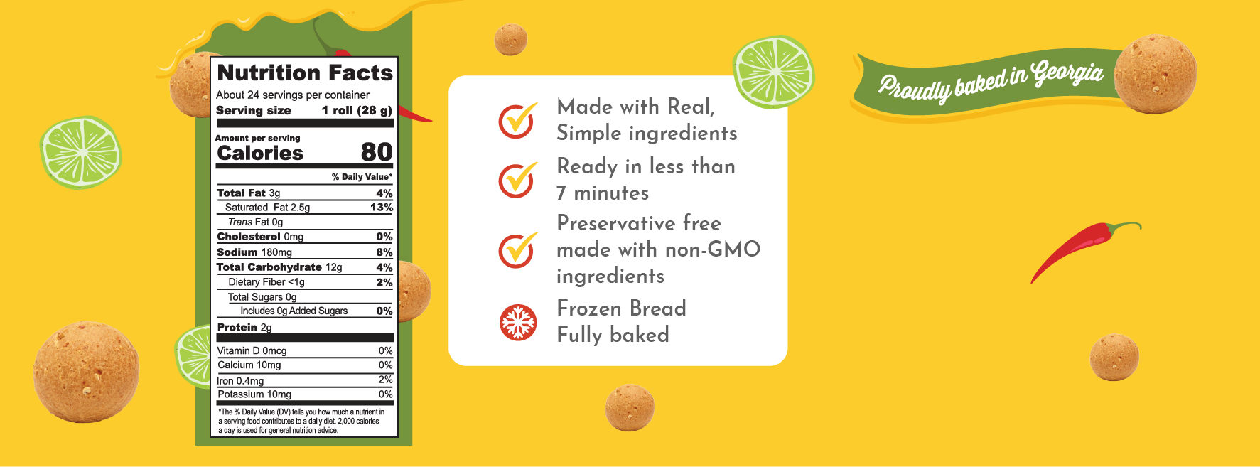 Nutrition facts for Papa Mountain Chili Lime Bread Rolls—frozen, fully baked clean-label rolls made with bold chili and lime flavors, simple ingredients, preservative-free, and crafted with non-GMO ingredients for quick, flavorful meals