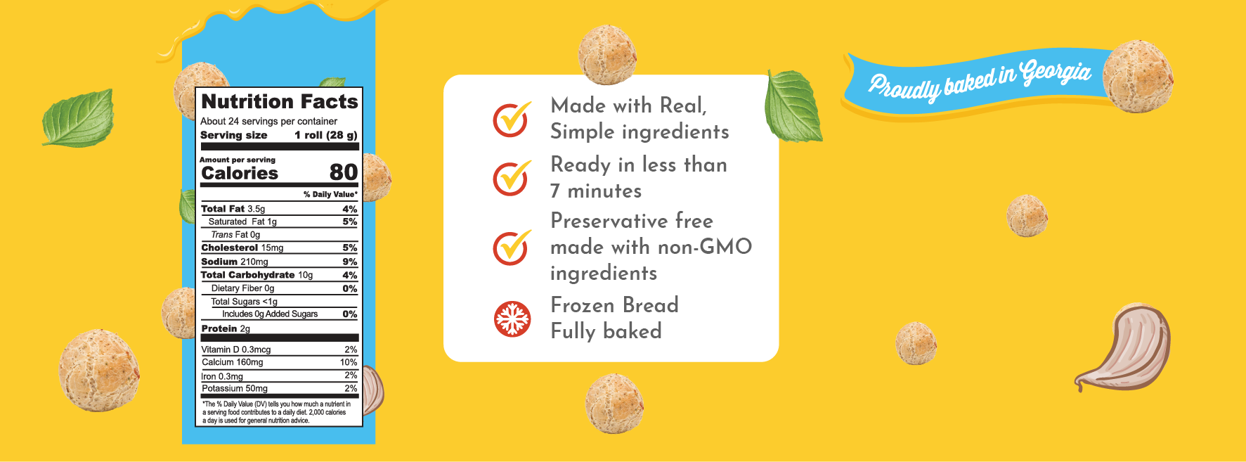 Nutrition facts for Papa Mountain Garlic & Herb Bread Rolls—frozen, fully baked clean-label rolls made with savory garlic and fresh herb flavors, simple ingredients, preservative-free, and crafted with non-GMO ingredients for quick, delicious meals