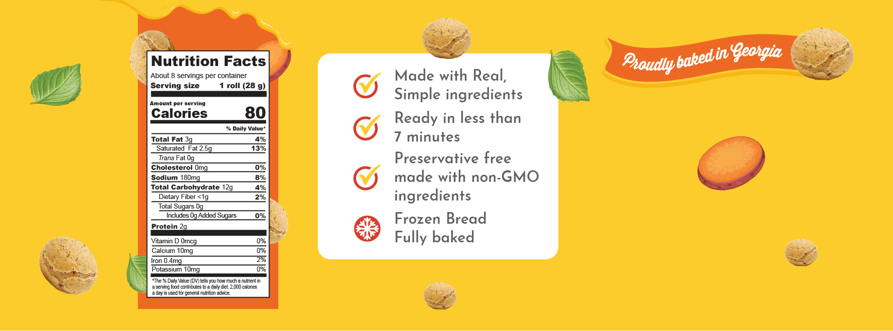 Nutrition facts for Papa Mountain Sweet Potato & Herb Bread Rolls—frozen, fully baked clean-label rolls made with wholesome sweet potato and herb flavors, simple ingredients, preservative-free, and crafted with non-GMO ingredients for quick, nutritious meals.