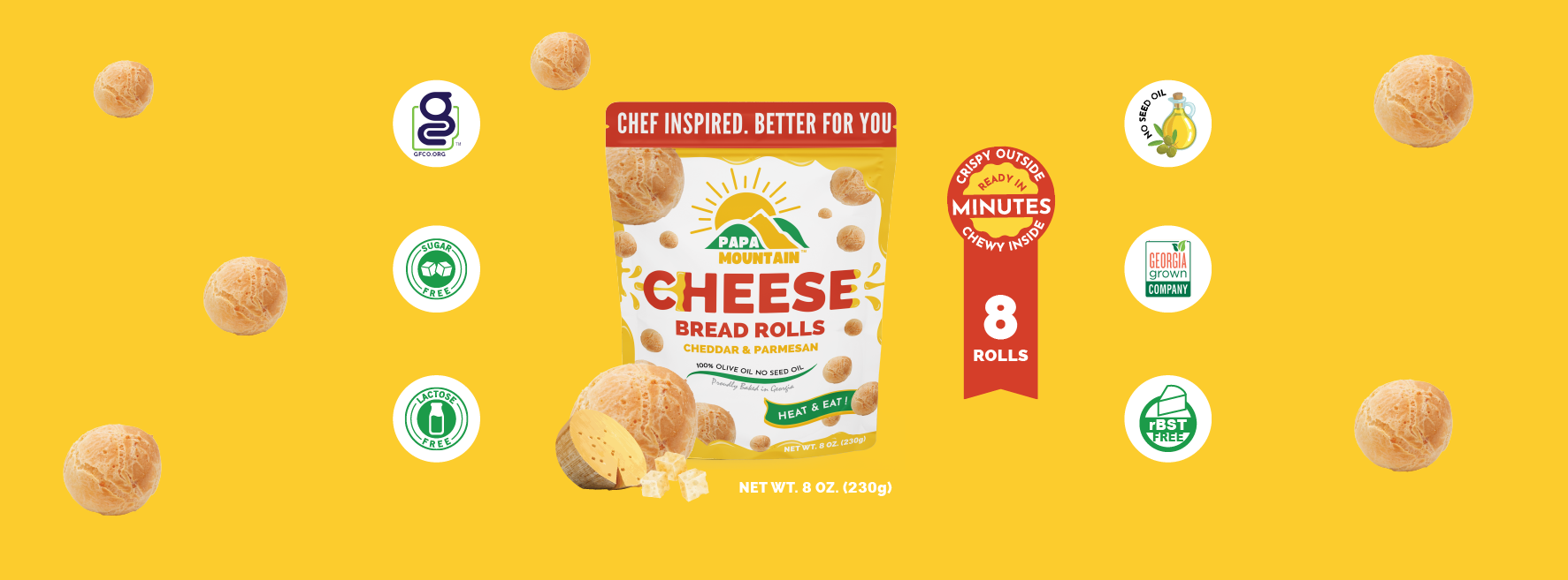 Papa Mountain bread rolls packaging featuring key certifications—Gluten-Free, Sugar-Free, Lactose-Free, No Seed Oil, and Georgia Grown. Each pack contains 8 clean-label rolls, perfect for quick, healthy meals.